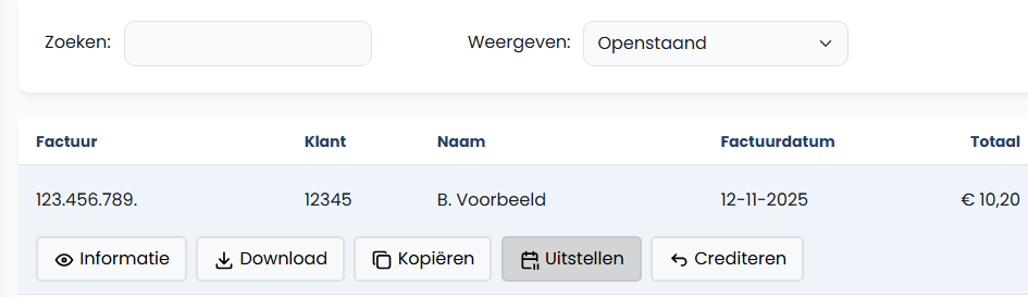 Screenshot factuur uitstellen