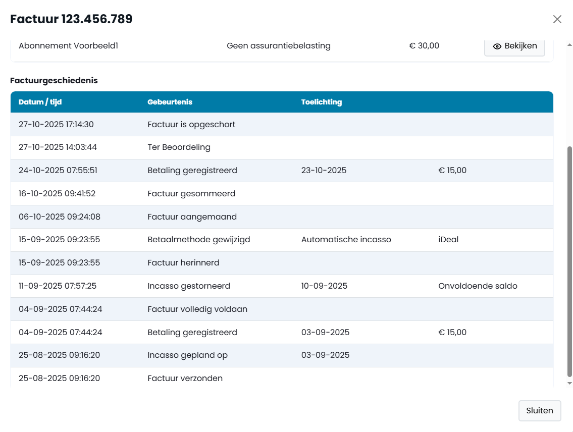 Screenshot factuurgeschiedenis