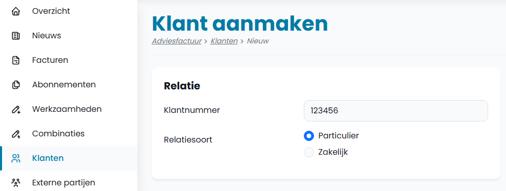 Screenshot klant aanmaken