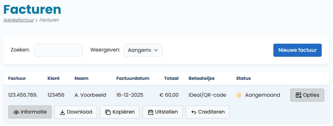 Screenshot menu facturen 1