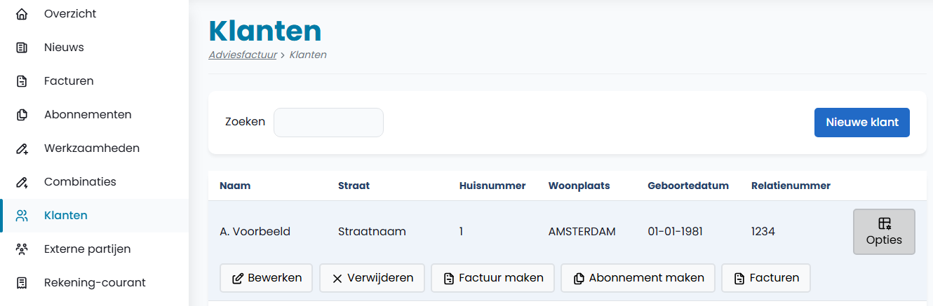 Screenshot menu Klanten